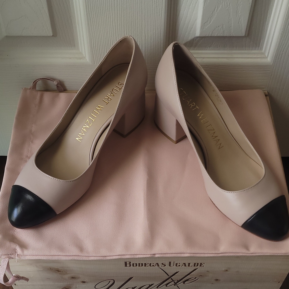 Stuart Weitzman Women's Black and Cream Cap-Toe Heels - Picture 3 of 12